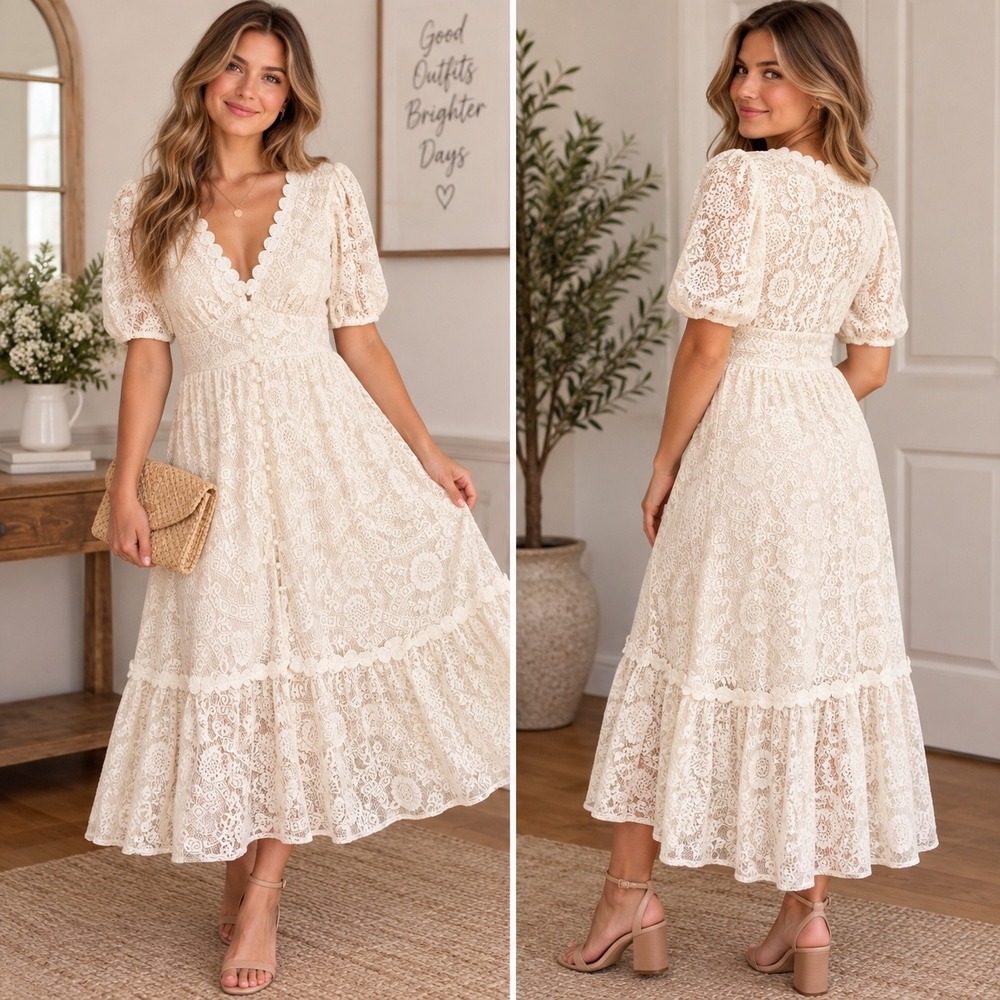 By The River Ivory Floral Lace Button Down Tiered Midi Dress B3SD1054 Medium